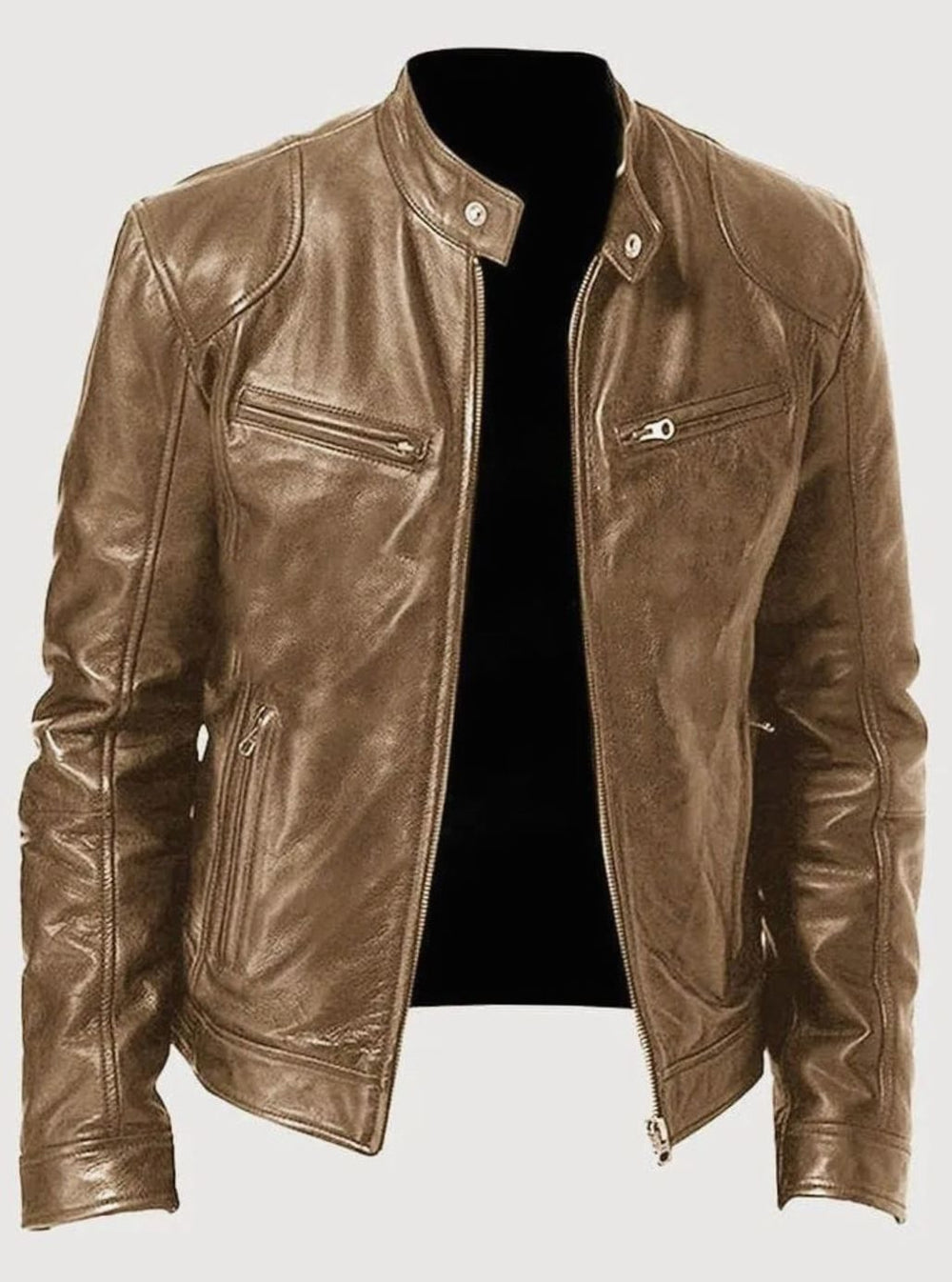 Damen Slim-Fit Moto Lederjacke mit Reißverschluss Streetwear - Beige
