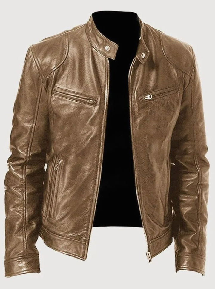Damen Slim-Fit Moto Lederjacke mit Reißverschluss Streetwear - Beige