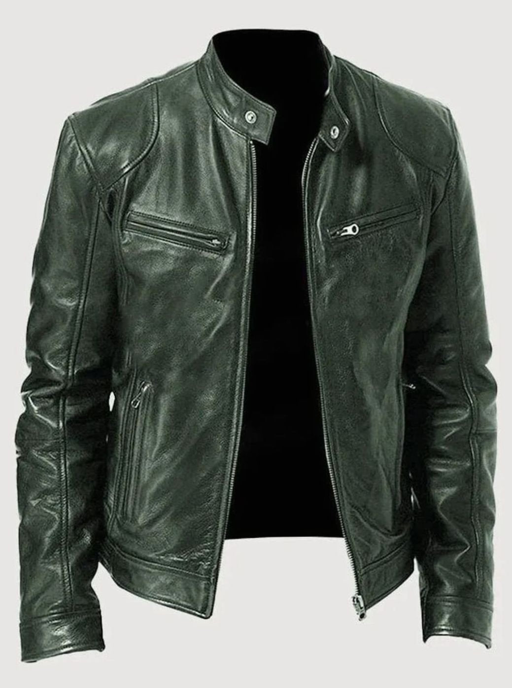 Damen Slim-Fit Moto Lederjacke mit Reißverschluss Streetwear - Grün