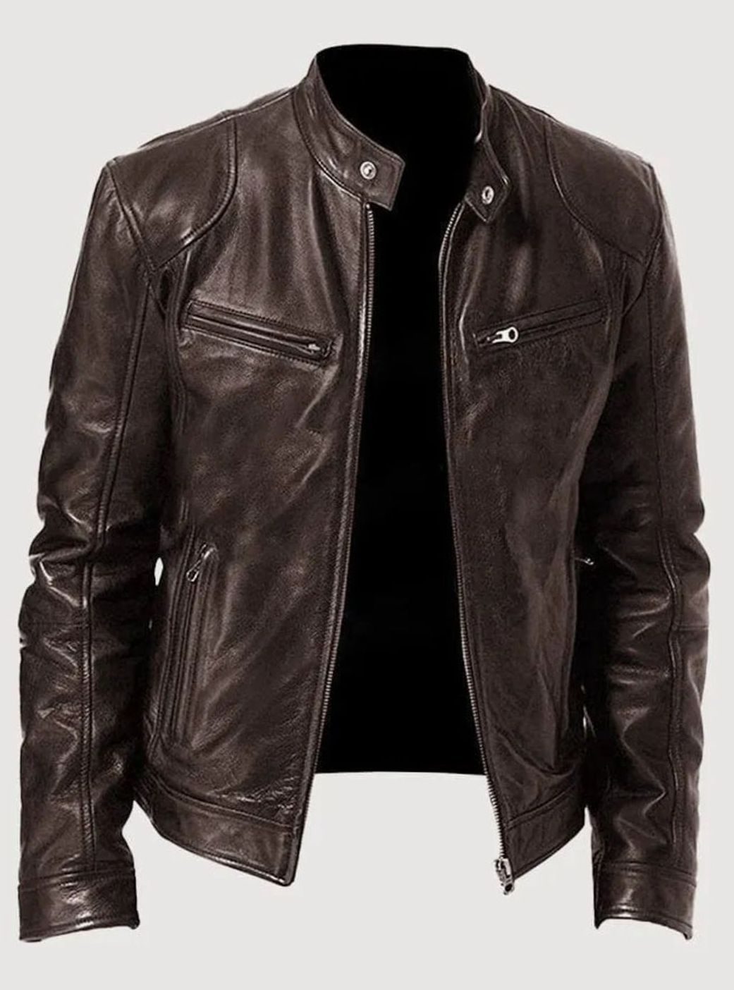 Damen Slim-Fit Moto Lederjacke mit Reißverschluss Streetwear - Braun