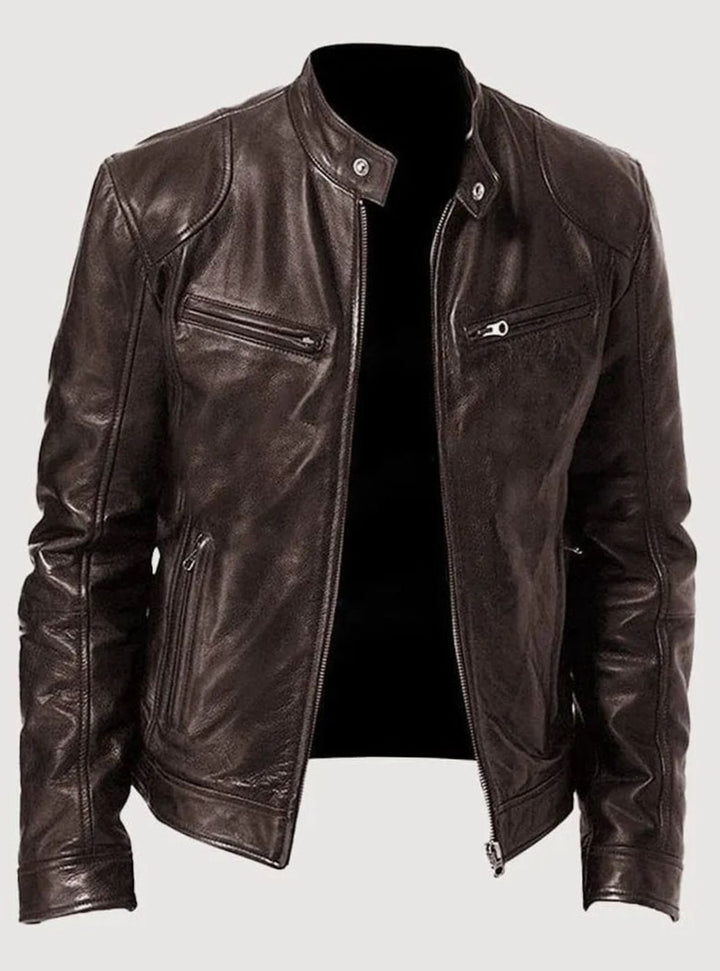 Damen Slim-Fit Moto Lederjacke mit Reißverschluss Streetwear - Braun