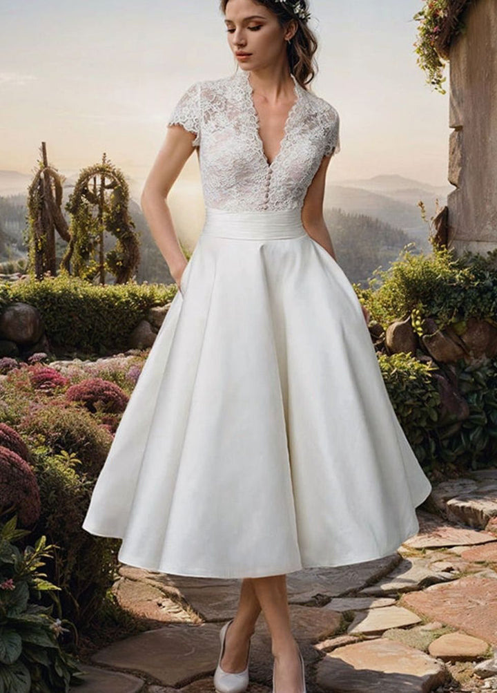 Damen Spitzen-Top V-Ausschnitt Midi Hochzeitskleid Ausgestellter Rock - Weiß