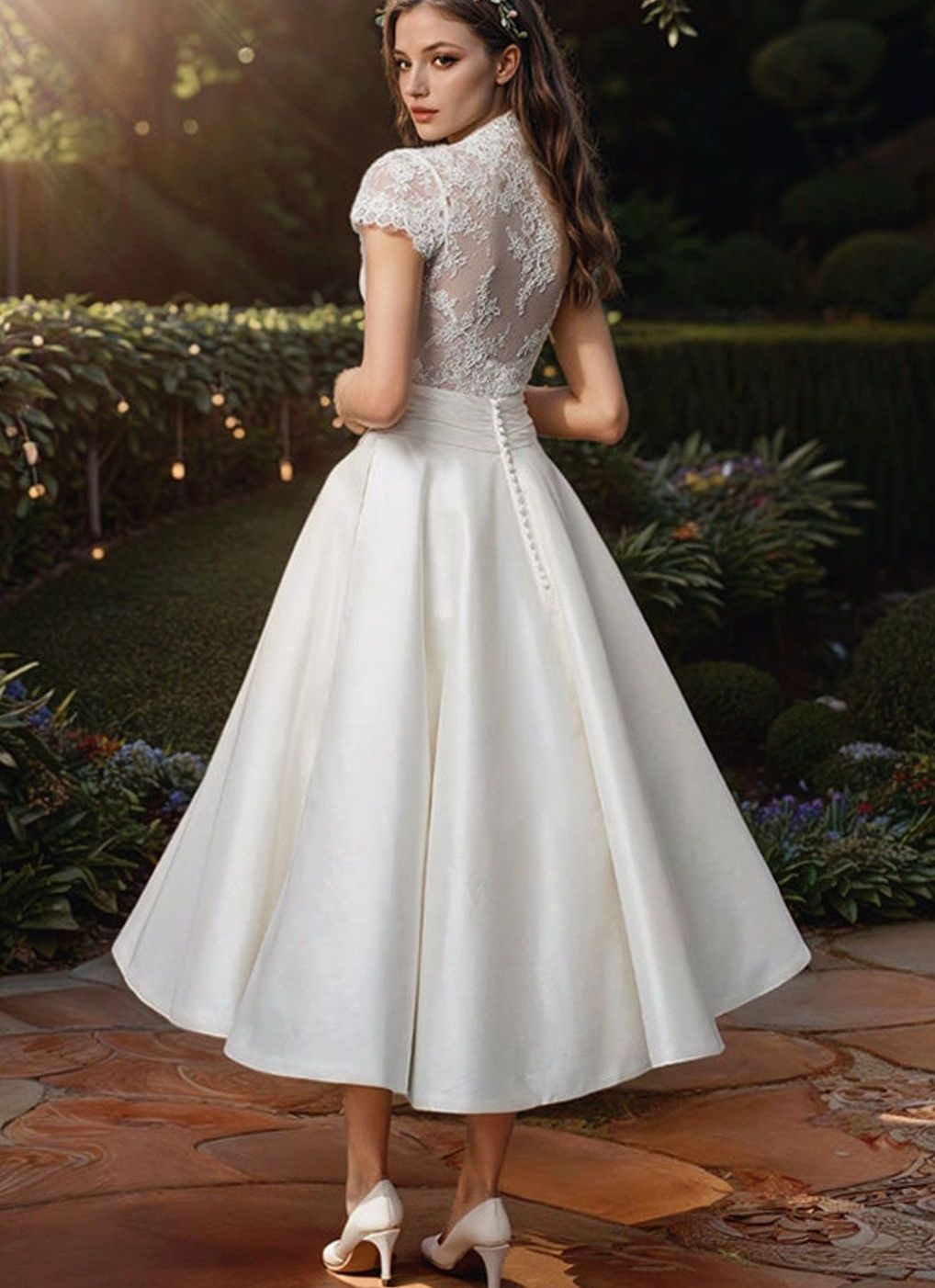 Damen Spitzen-Top V-Ausschnitt Midi Hochzeitskleid Ausgestellter Rock