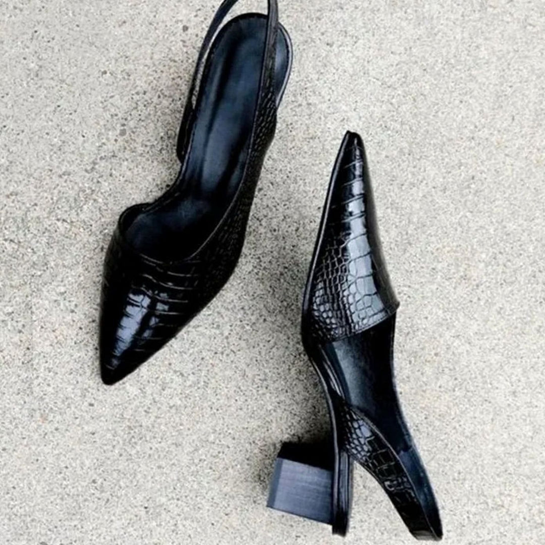 Damen Spitzzehn-Slingback-Pumps mit Blockabsatz Kroko-Prägung