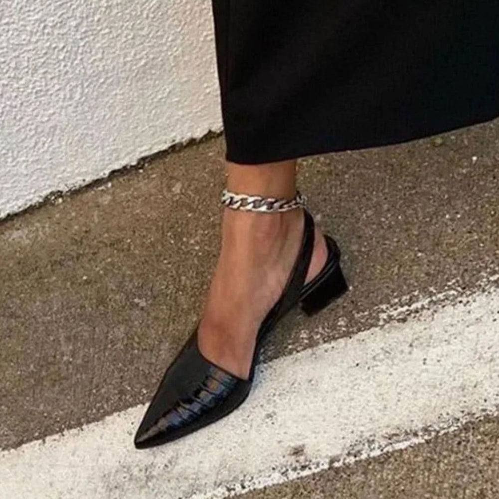 Damen Spitzzehn-Slingback-Pumps mit Blockabsatz Kroko-Prägung