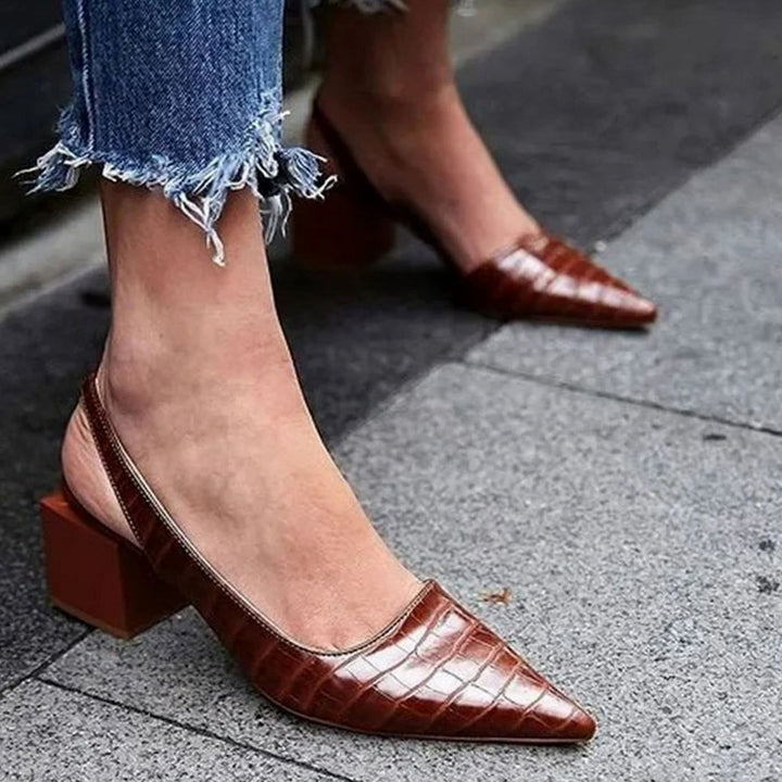 Damen Spitzzehn-Slingback-Pumps mit Blockabsatz Kroko-Prägung