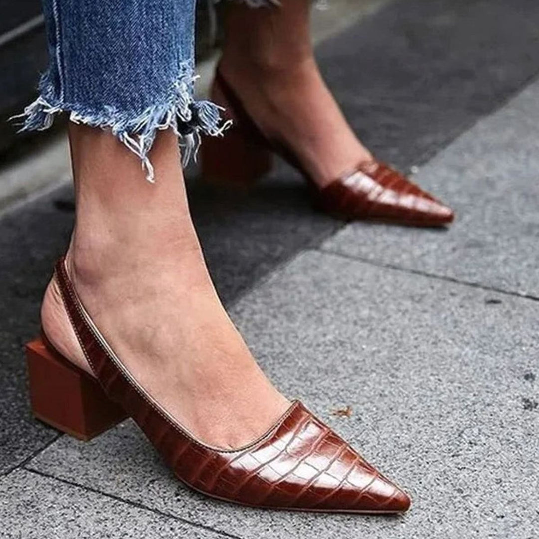 Damen Spitzzehn-Slingback-Pumps mit Blockabsatz Kroko-Prägung - Dunkelbraun