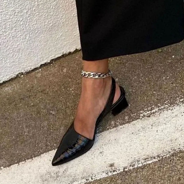Damen Spitzzehn-Slingback-Pumps mit Blockabsatz Kroko-Prägung - Schwarz