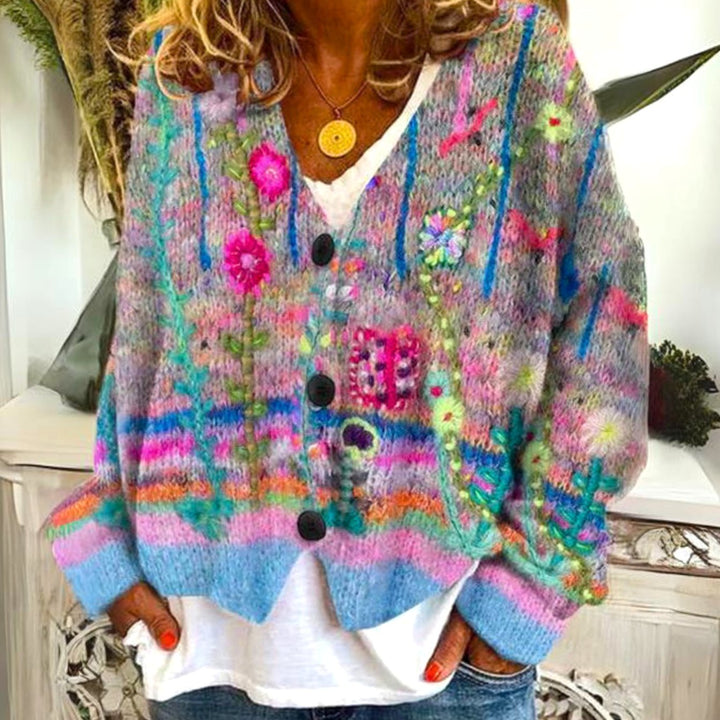 Damen Strickjacke lockerer Passform farbenfrohem Muster Blumenbestickter Boho Cardigan
