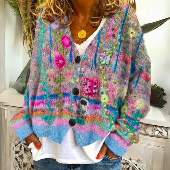 Damen Strickjacke lockerer Passform farbenfrohem Muster Blumenbestickter Boho Cardigan - Blau