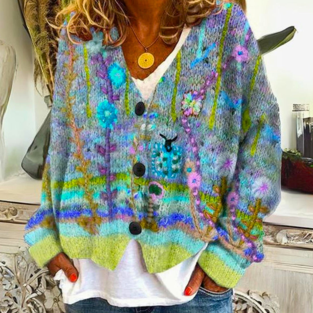 Damen Strickjacke lockerer Passform farbenfrohem Muster Blumenbestickter Boho Cardigan - Grün