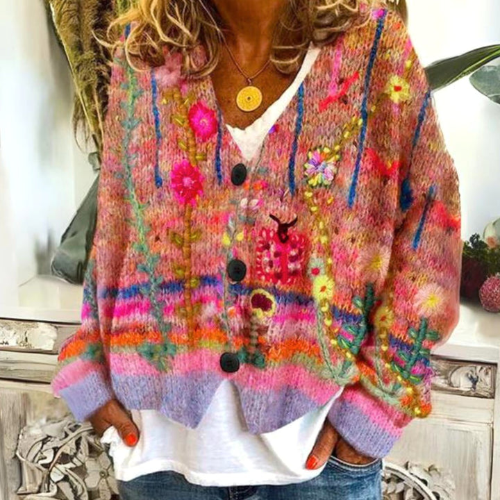 Damen Strickjacke lockerer Passform farbenfrohem Muster Blumenbestickter Boho Cardigan - Rot