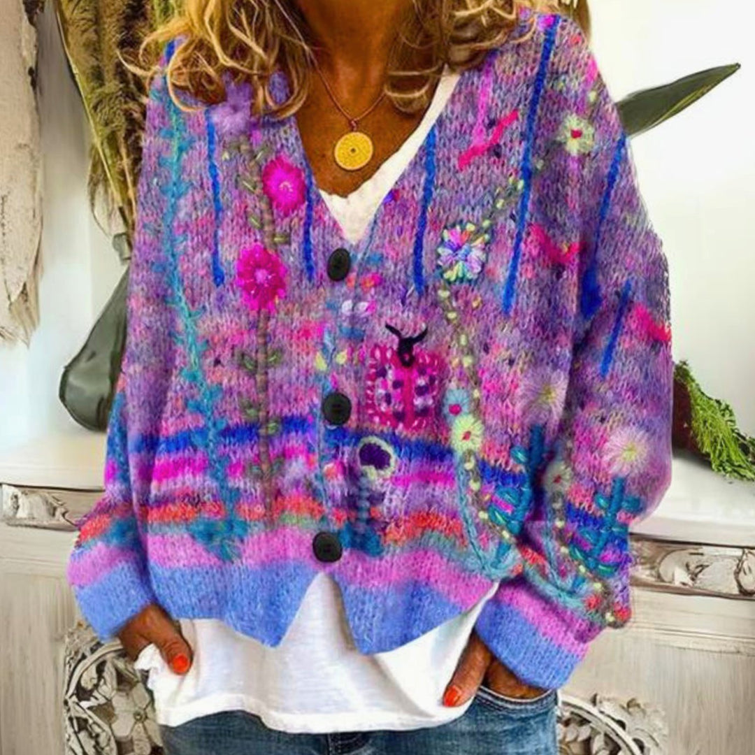 Damen Strickjacke lockerer Passform farbenfrohem Muster Blumenbestickter Boho Cardigan - Lila