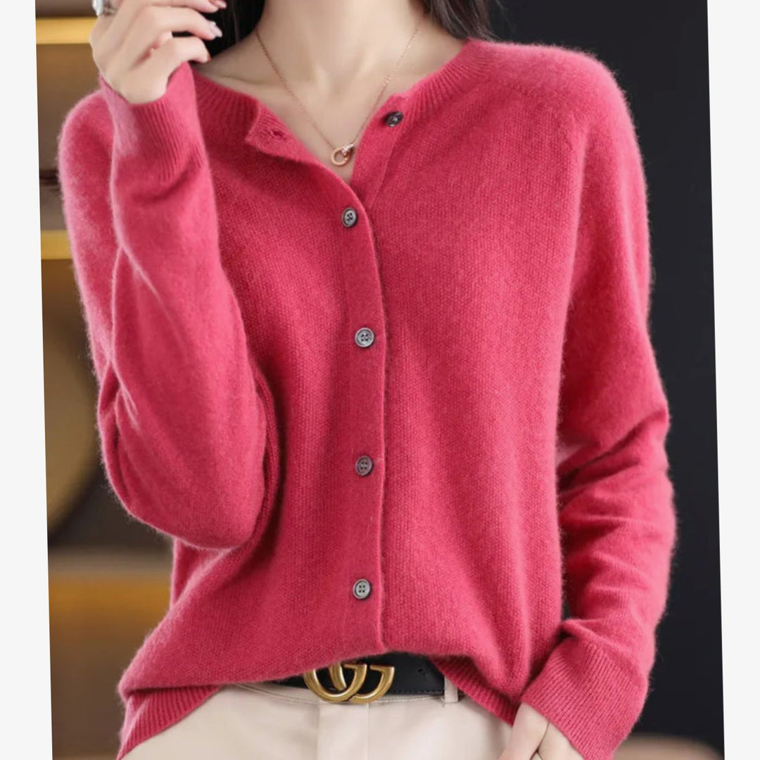Damen Strickjacke mit klassischer Knopfleiste V-Ausschnitt Langarm - Dunkelrosa