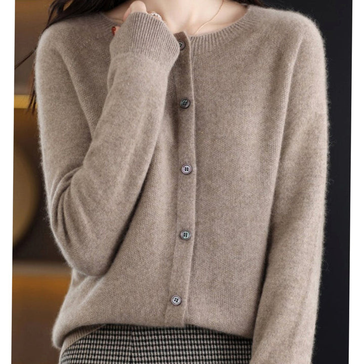 Damen Strickjacke mit klassischer Knopfleiste V-Ausschnitt Langarm - Braun