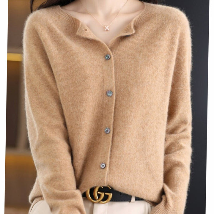 Damen Strickjacke mit klassischer Knopfleiste V-Ausschnitt Langarm - Hellbraun