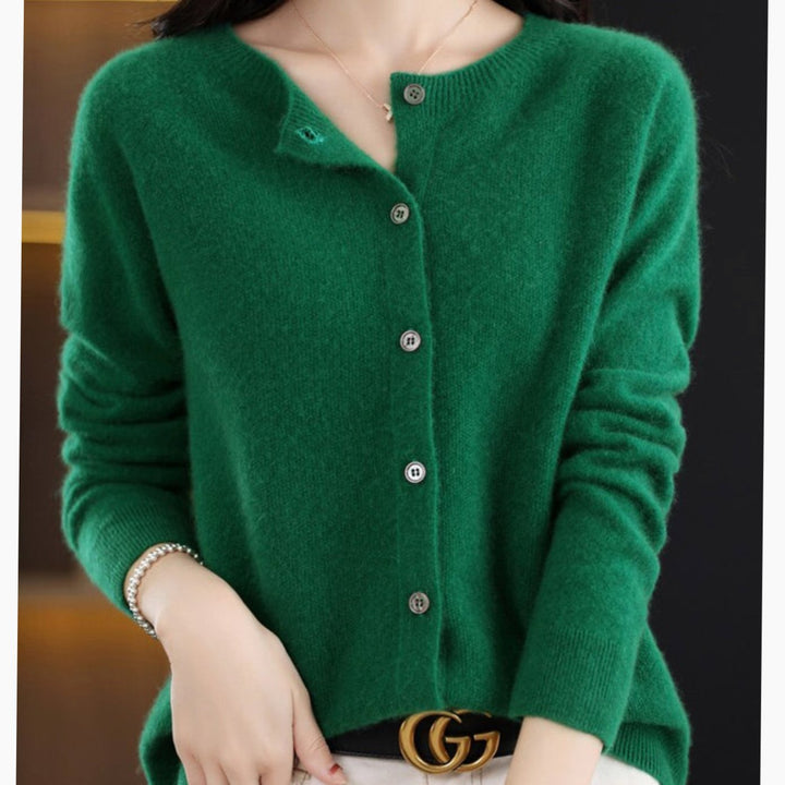 Damen Strickjacke mit klassischer Knopfleiste V-Ausschnitt Langarm - Dunkelgrün