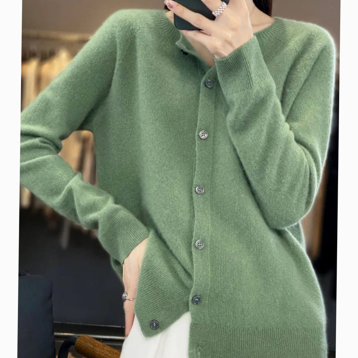 Damen Strickjacke mit klassischer Knopfleiste V-Ausschnitt Langarm - Hellgrün