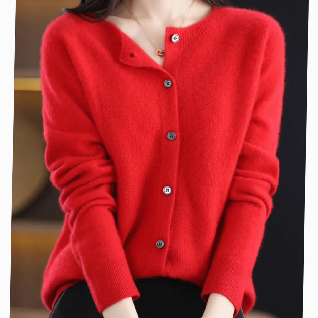 Damen Strickjacke mit klassischer Knopfleiste V-Ausschnitt Langarm - Rot