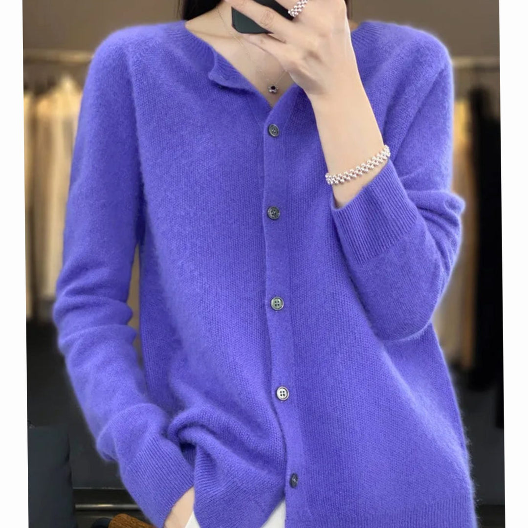 Damen Strickjacke mit klassischer Knopfleiste V-Ausschnitt Langarm - Dunkelblau