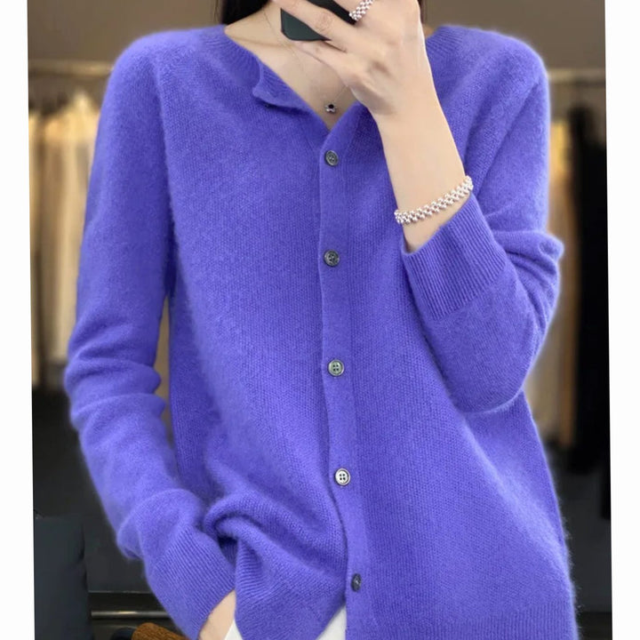 Damen Strickjacke mit klassischer Knopfleiste V-Ausschnitt Langarm - Dunkelblau