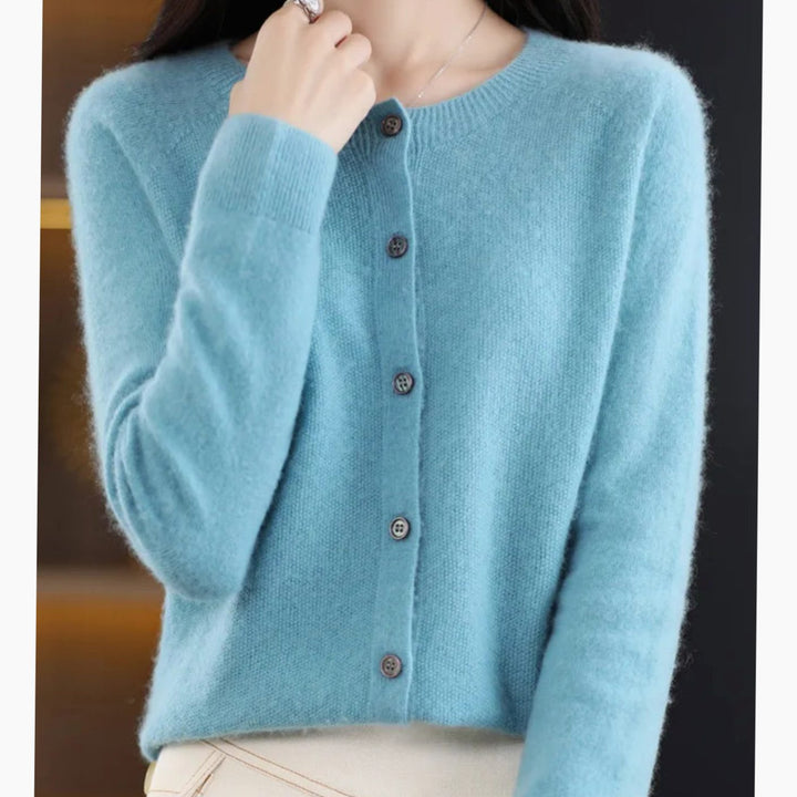 Damen Strickjacke mit klassischer Knopfleiste V-Ausschnitt Langarm - Hellblau