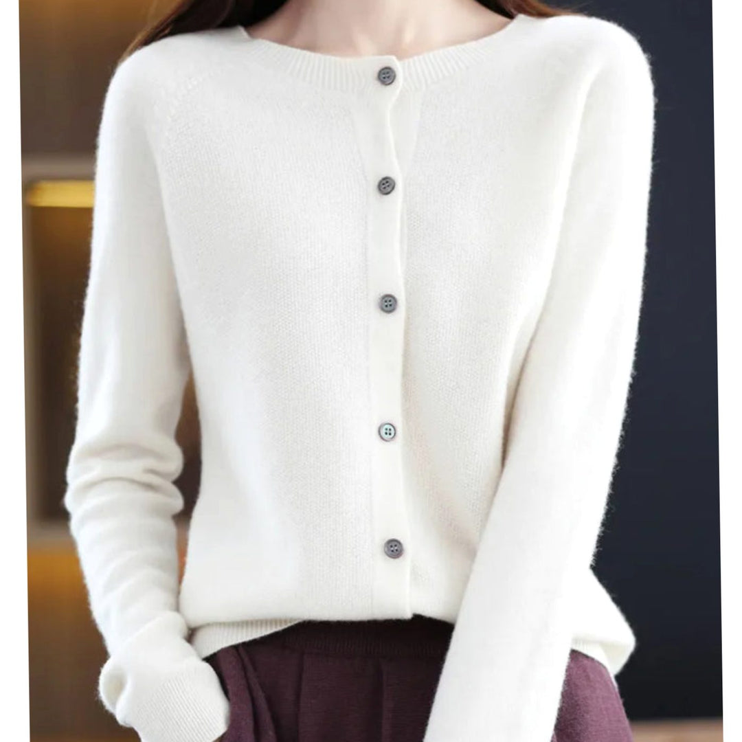 Damen Strickjacke mit klassischer Knopfleiste V-Ausschnitt Langarm - Weiß