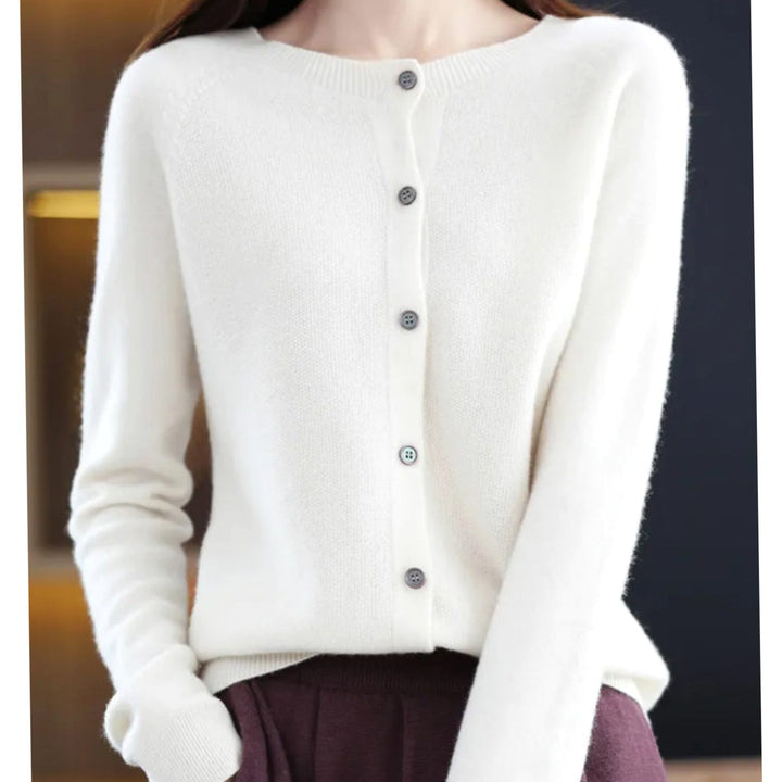 Damen Strickjacke mit klassischer Knopfleiste V-Ausschnitt Langarm - Weiß