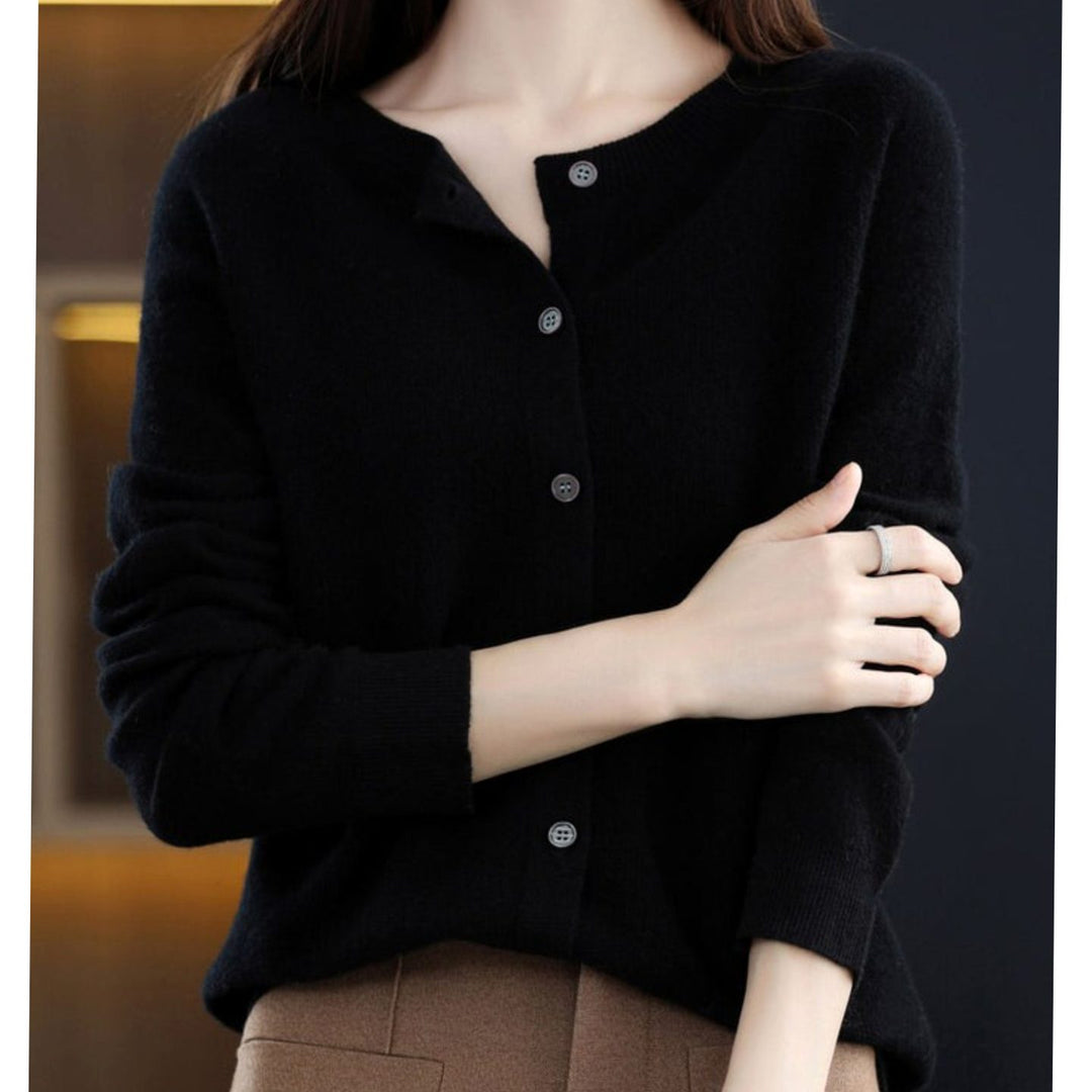 Damen Strickjacke mit klassischer Knopfleiste V-Ausschnitt Langarm - Schwarz