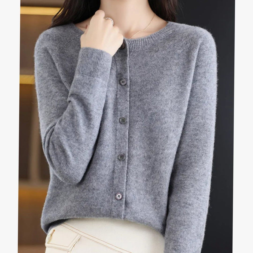 Damen Strickjacke mit klassischer Knopfleiste V-Ausschnitt Langarm - Grau