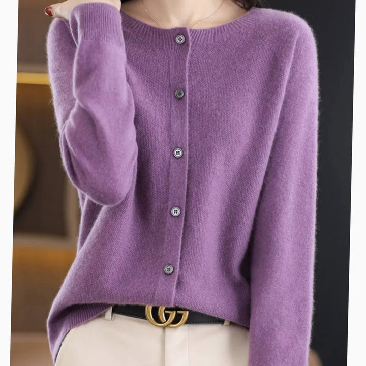 Damen Strickjacke mit klassischer Knopfleiste V-Ausschnitt Langarm - Lila