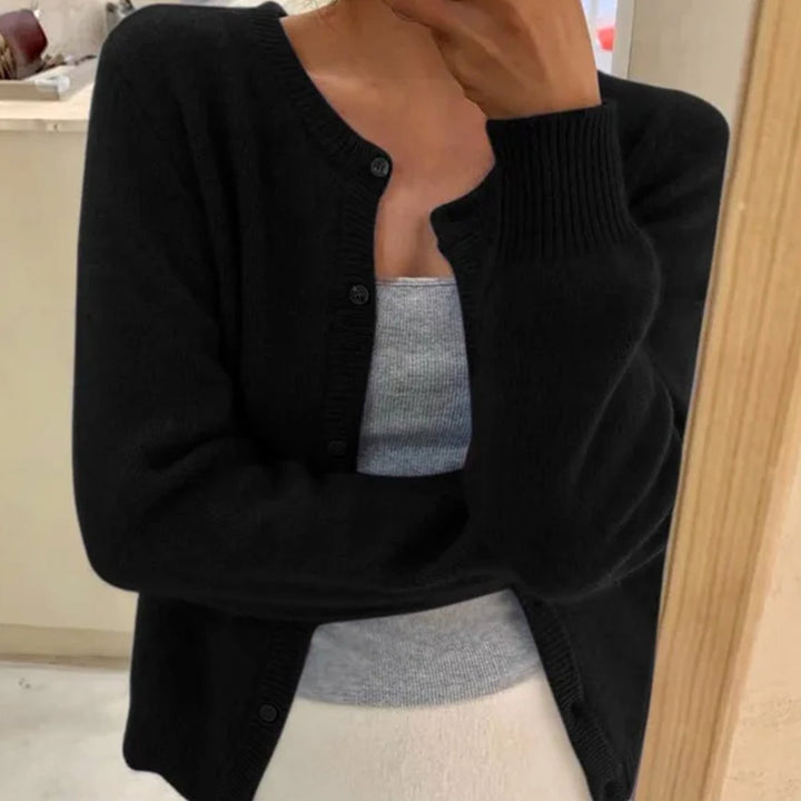 Damen Strickjacke mit langem Ärmel Rundhalsausschnitt Knopfleiste - Schwarz