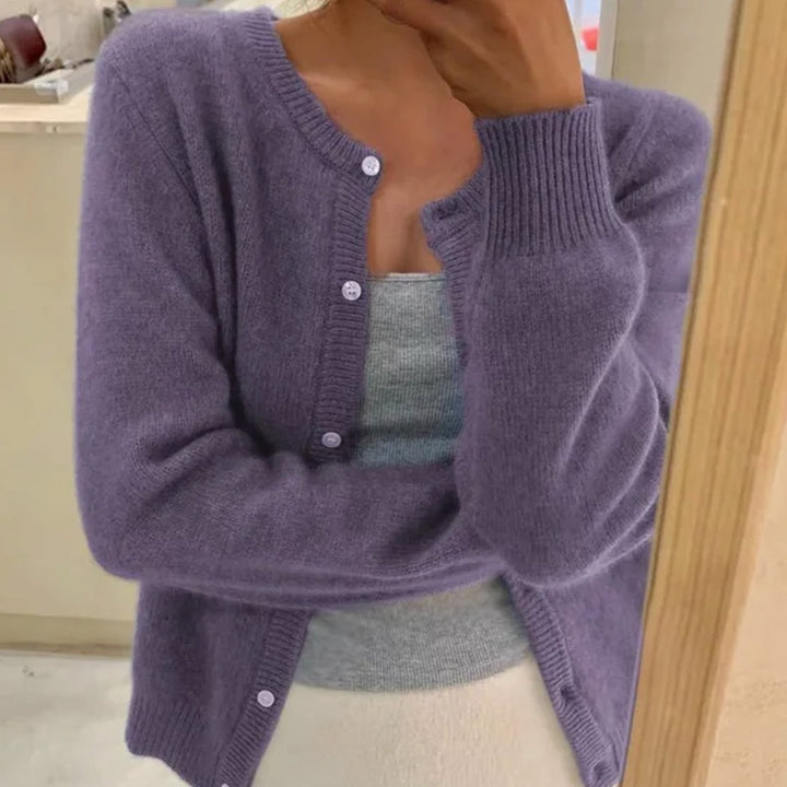Damen Strickjacke mit langem Ärmel Rundhalsausschnitt Knopfleiste - Lila