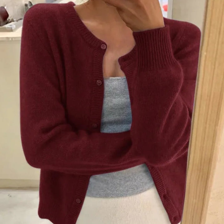 Damen Strickjacke mit langem Ärmel Rundhalsausschnitt Knopfleiste - Weinrot