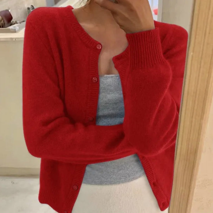 Damen Strickjacke mit langem Ärmel Rundhalsausschnitt Knopfleiste - Rot