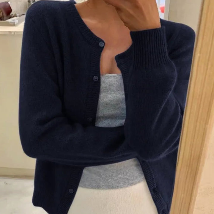 Damen Strickjacke mit langem Ärmel Rundhalsausschnitt Knopfleiste - Dunkelblau