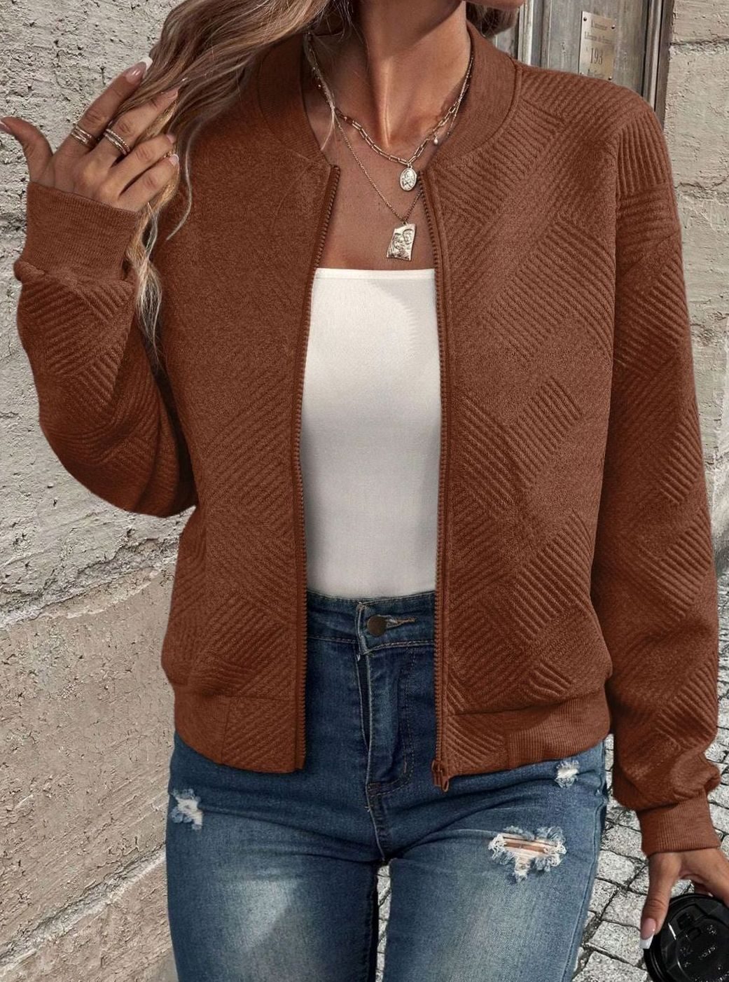 Damen Strickjacke mit Reißverschluss und Struktur - Braun