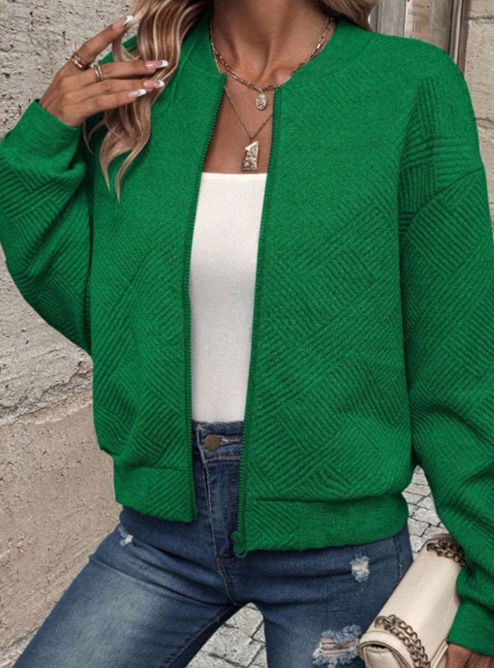 Damen Strickjacke mit Reißverschluss und Struktur - Grün