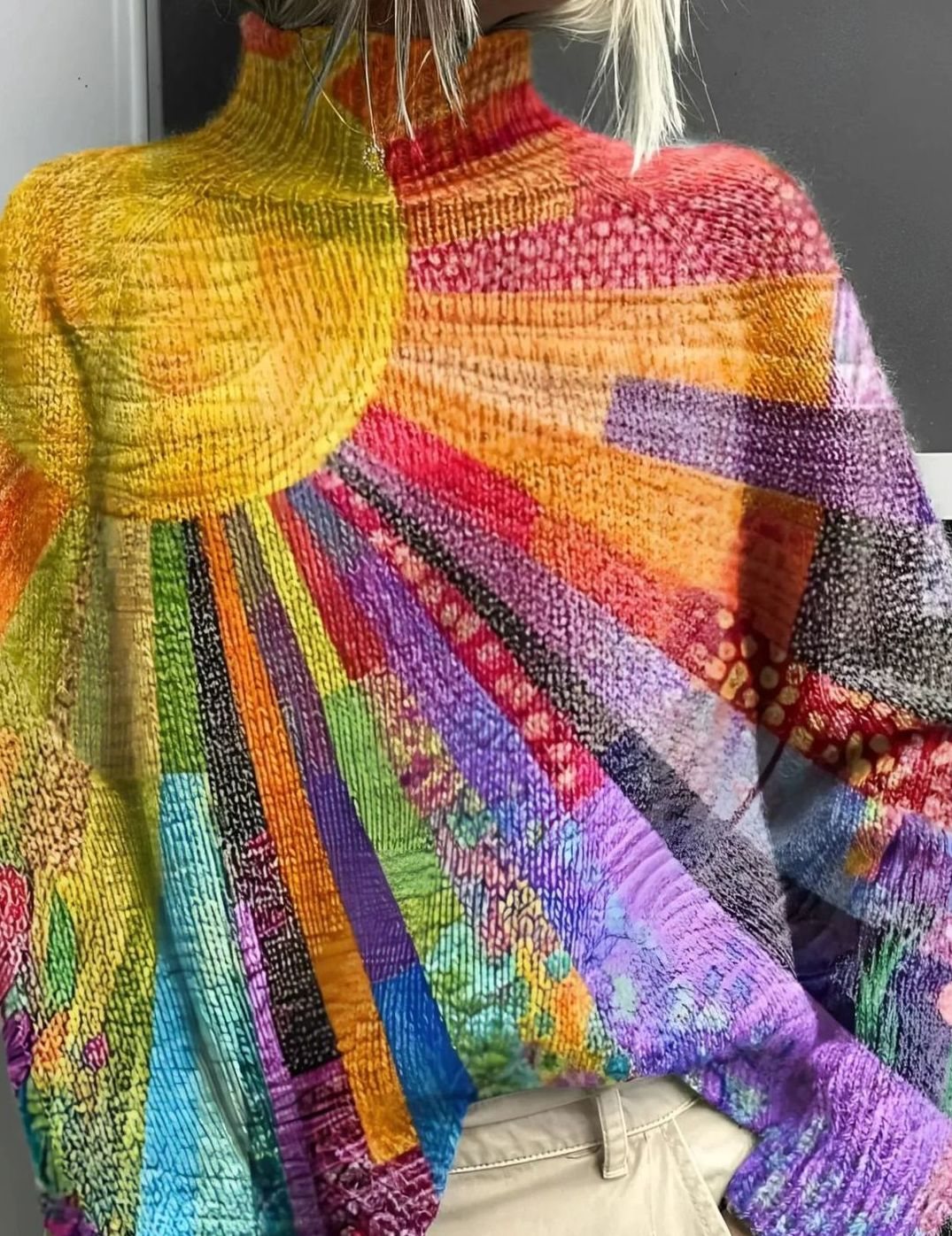 Damen Strickpullover Buntes Muster Hohem Kragen Oversized