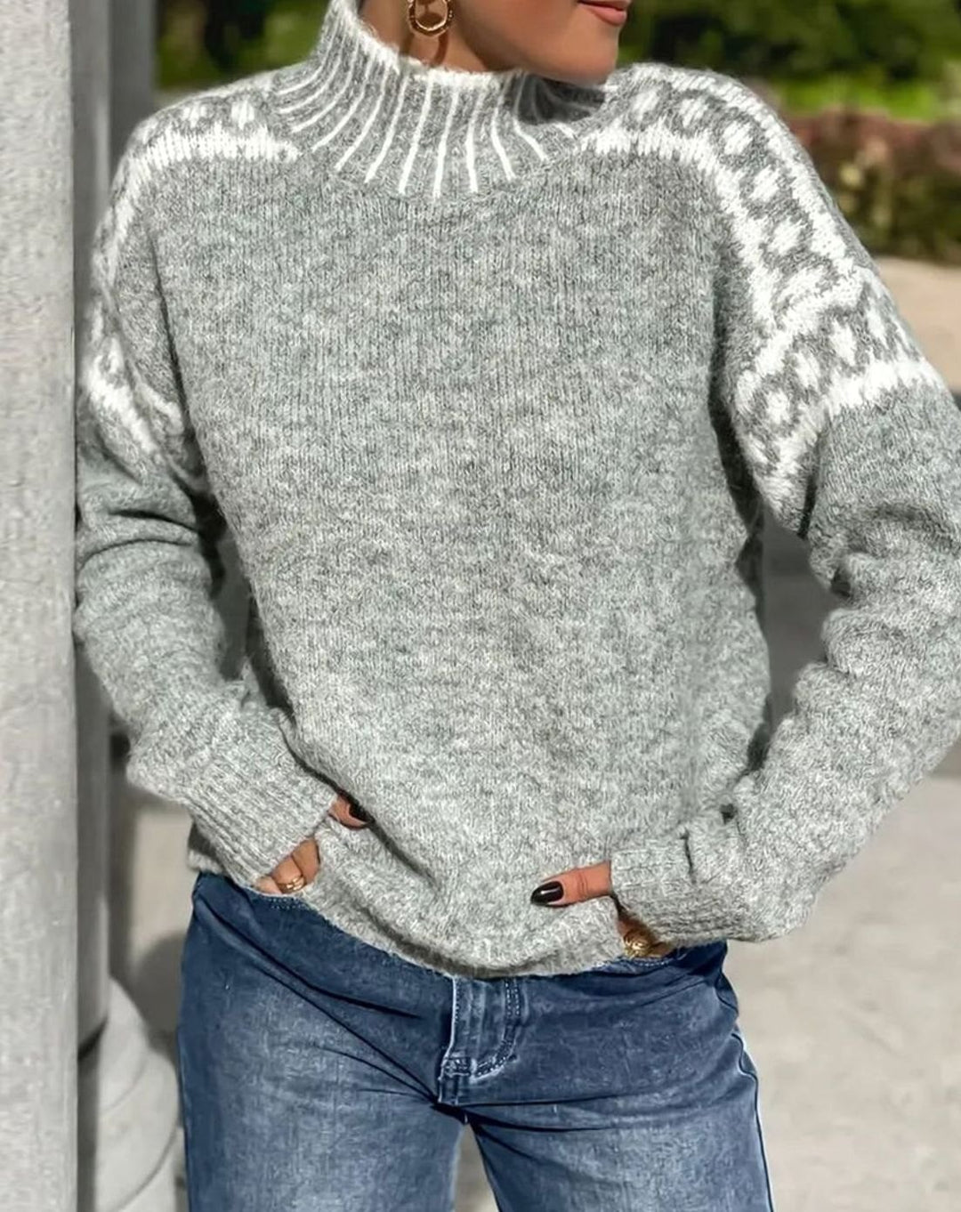 Damen Strickpullover Kalte Jahreszeit Stehkragen Norweger-Muster - Grau