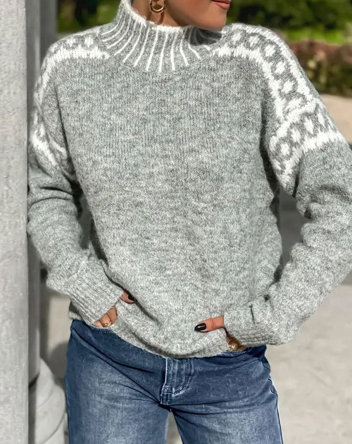 Damen Strickpullover Kalte Jahreszeit Stehkragen Norweger-Muster - Grau