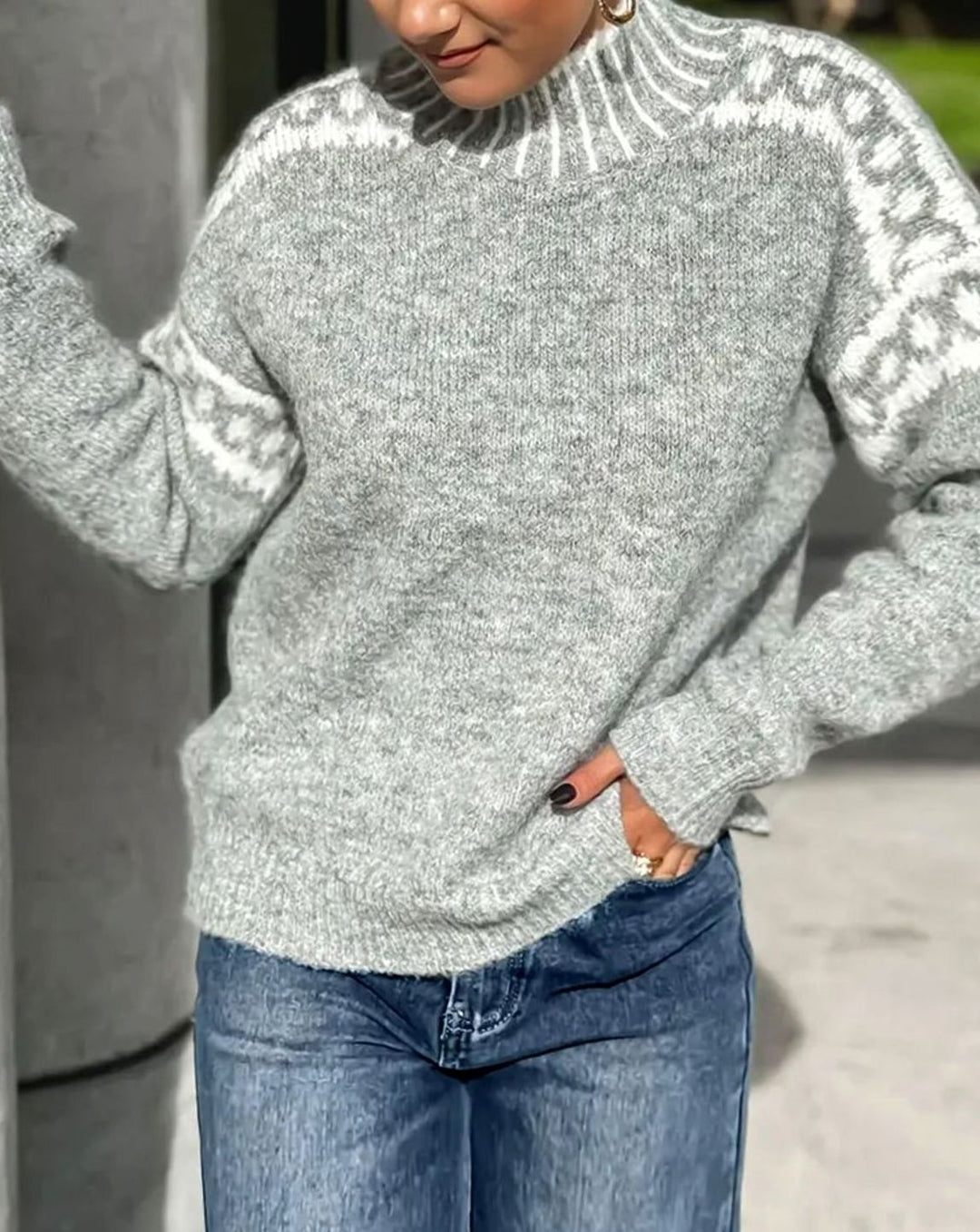 Damen Strickpullover Kalte Jahreszeit Stehkragen Norweger-Muster