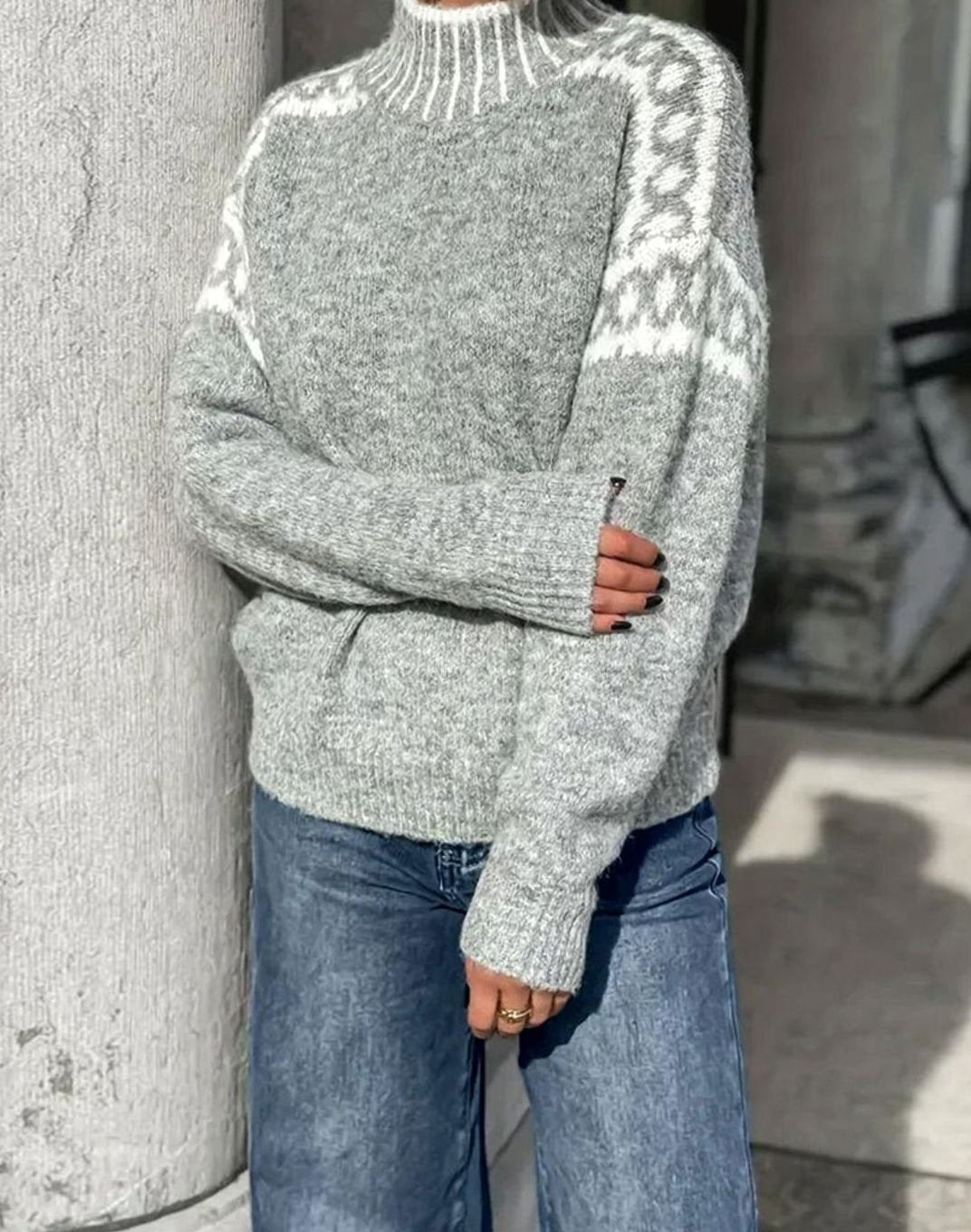 Damen Strickpullover Kalte Jahreszeit Stehkragen Norweger-Muster