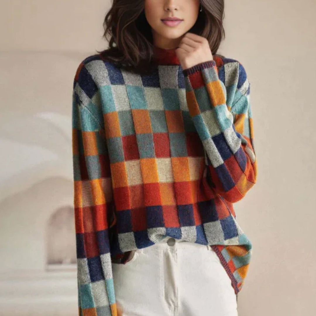 Damen Strickpullover mit Farbblock und Karomuster Rollkragen