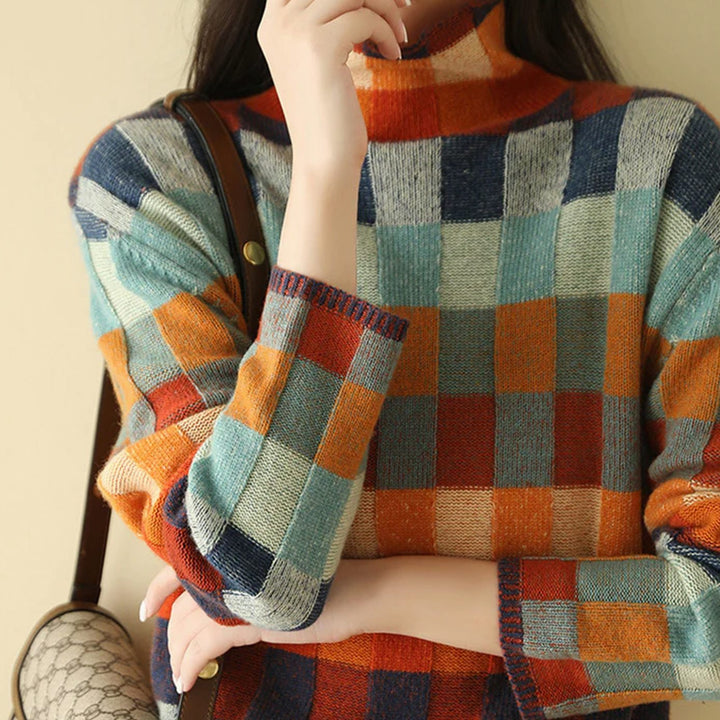 Damen Strickpullover mit Farbblock und Karomuster Rollkragen