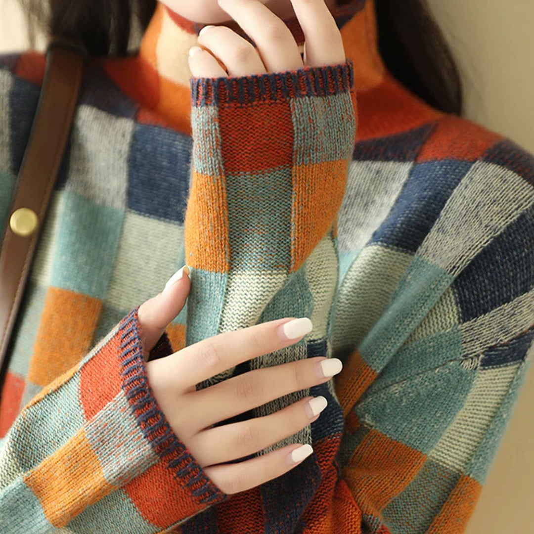 Damen Strickpullover mit Farbblock und Karomuster Rollkragen