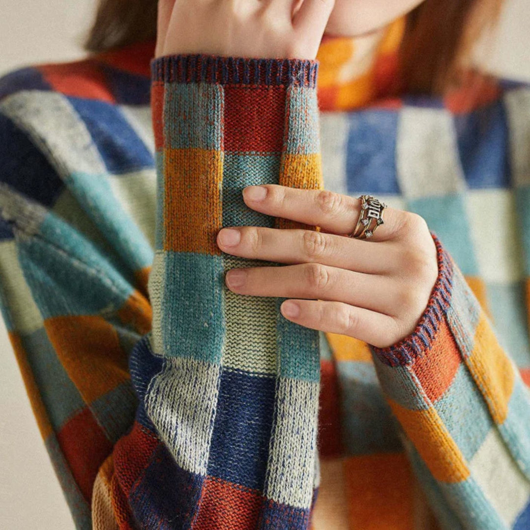 Damen Strickpullover mit Farbblock und Karomuster Rollkragen