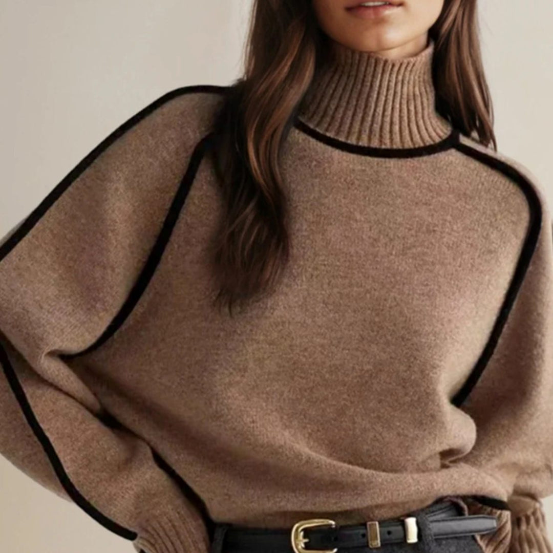 Damen Strickpullover Rollkragen langen Ärmeln kontrastierenden Biesen - Braun