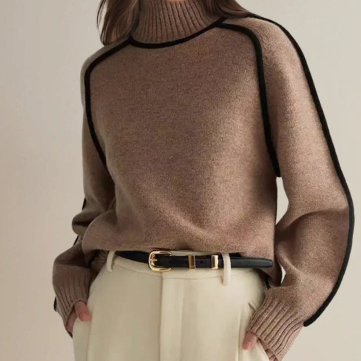 Damen Strickpullover Rollkragen langen Ärmeln kontrastierenden Biesen