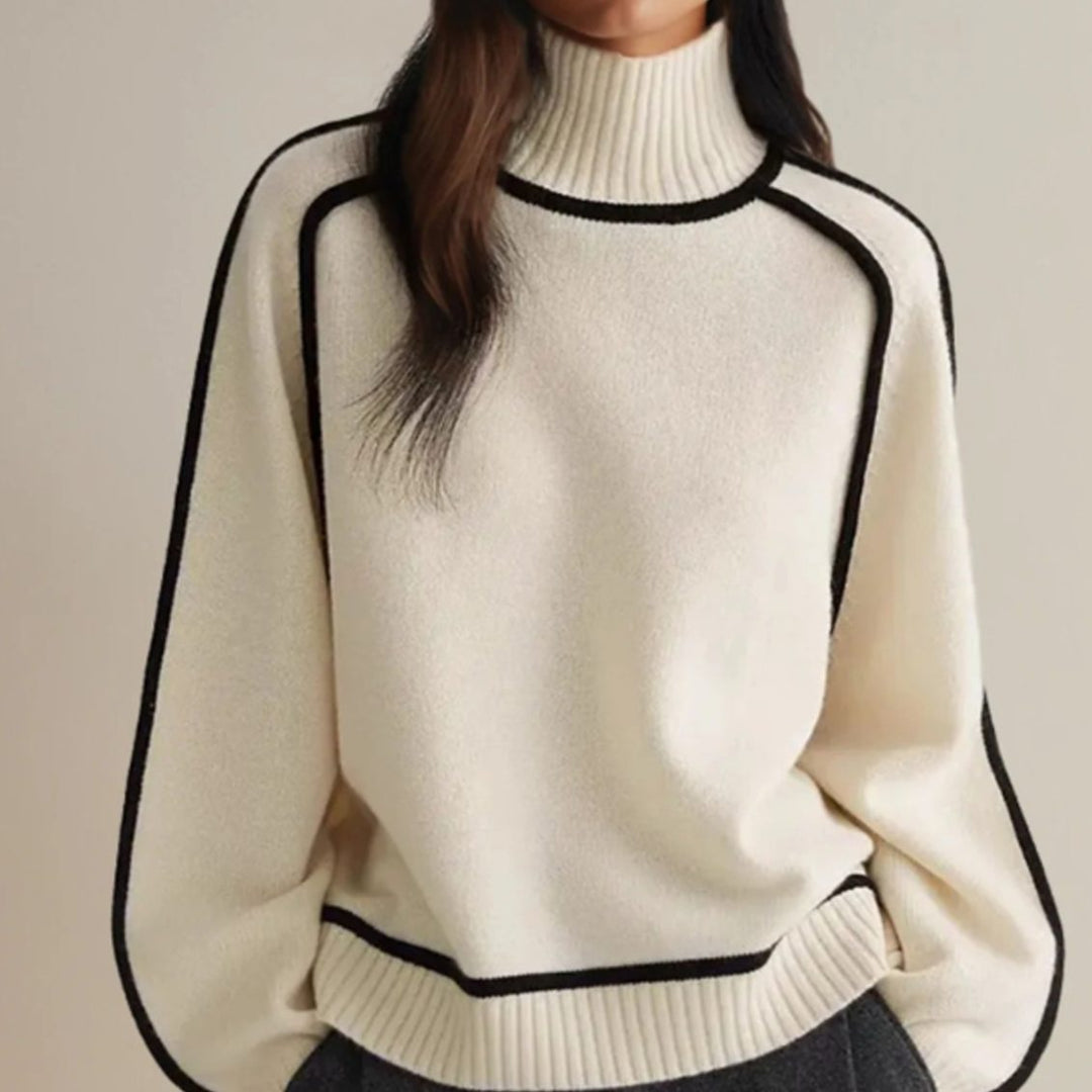 Damen Strickpullover Rollkragen langen Ärmeln kontrastierenden Biesen - Weiß